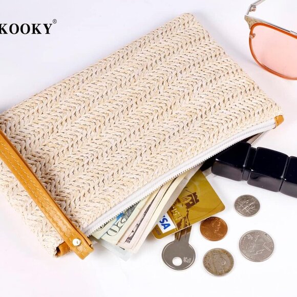 Womens Straw Clutch Bag Bohemian Summer Beach Straw Purse Zipper Wristlet Wallet - Picture 3 of 7